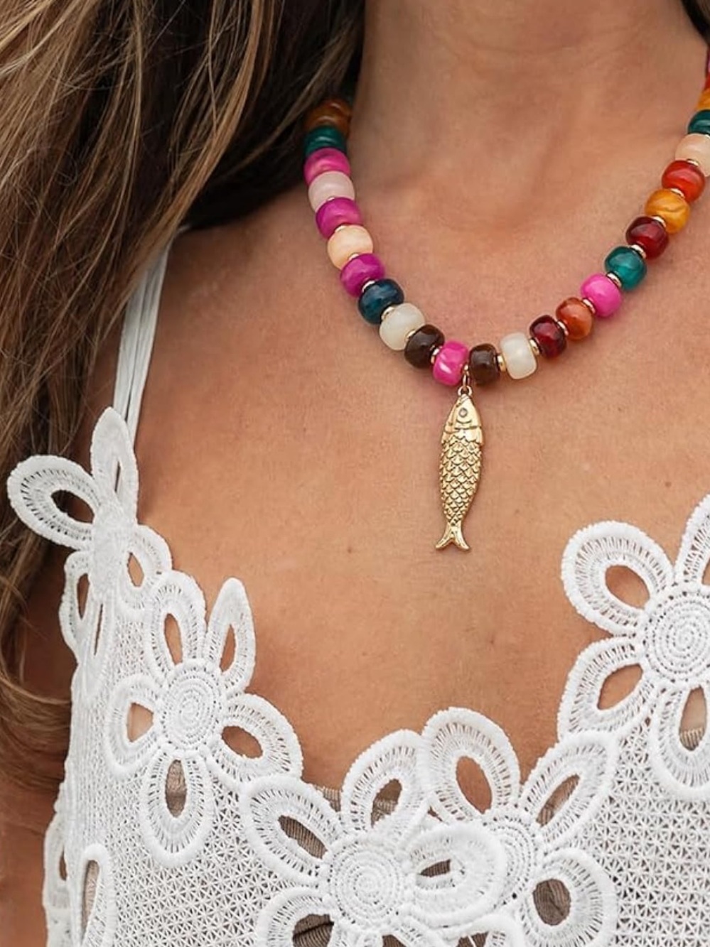 Multicolor Coastal Beaded Dopamine Necklace with Gold Fish Pendant